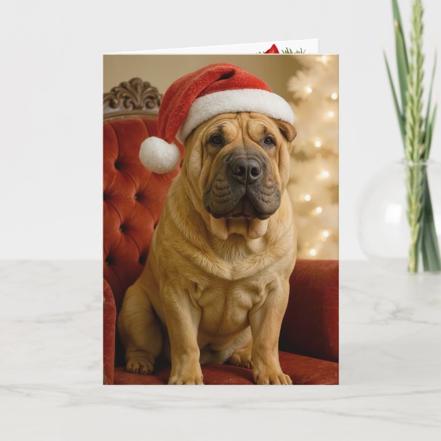 Tarjeta Christmas Shar-Pei Dog With Santa Hat (Anverso)
