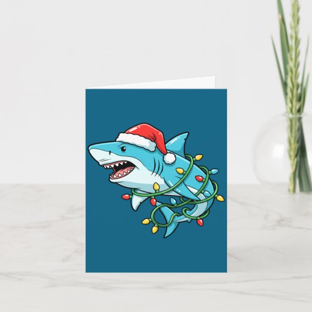 Tarjeta Christmas Shark Santa Hat Wrapped In Lights Funny  (Anverso)
