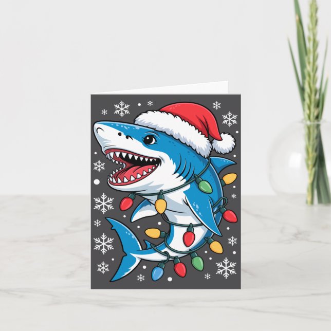 Tarjeta Christmas Shark Santa Hat Wrapped Lights Holiday S (Anverso)
