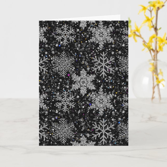 Tarjeta Christmas silver sparkle snow flakes (flor amarilla)