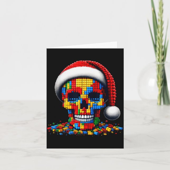 Tarjeta Christmas Skull Santa Hat Block Bricks Master Buil (Anverso)