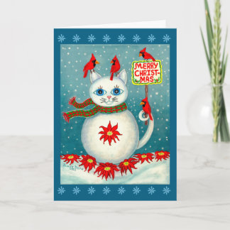 Tarjeta Christmas Snowcat Cardinal Bird Snowman Poinsettia