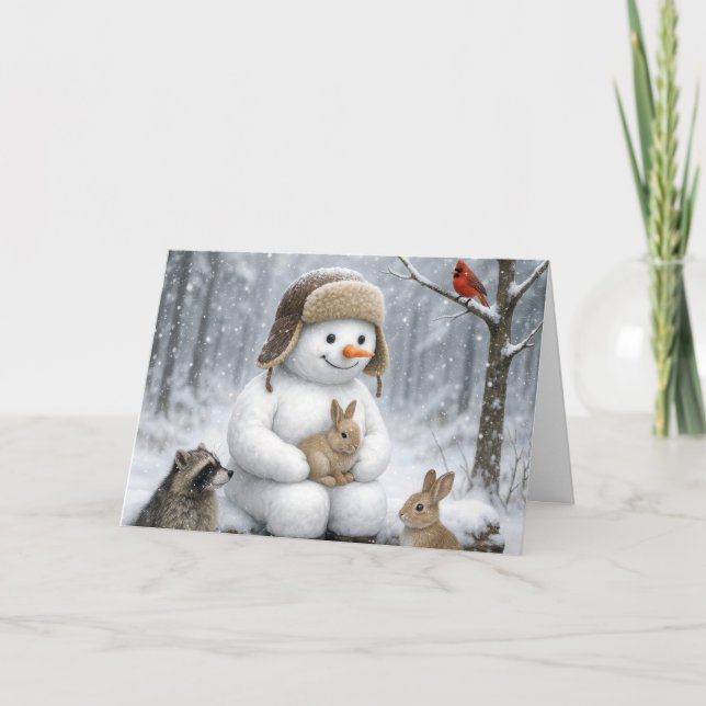 Tarjeta Christmas Snowman In Winter Woods With Animal (Anverso)