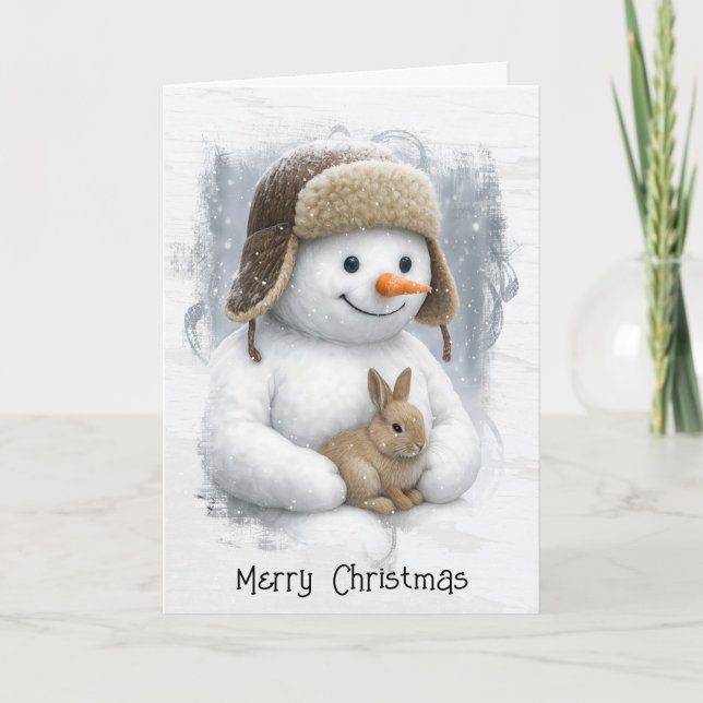 Tarjeta Christmas Snowman In Winter Woods with Bunny (Anverso)
