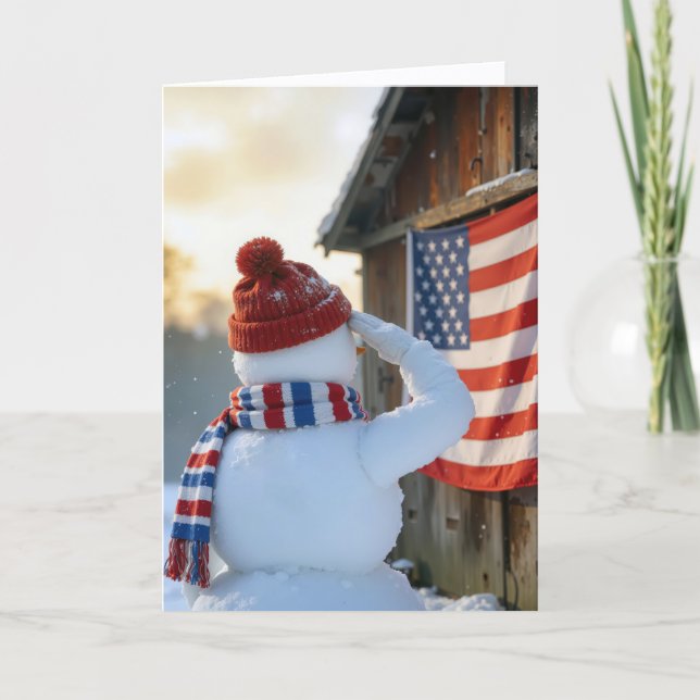 Tarjeta Christmas Snowman Saluting an American Flag (Anverso)