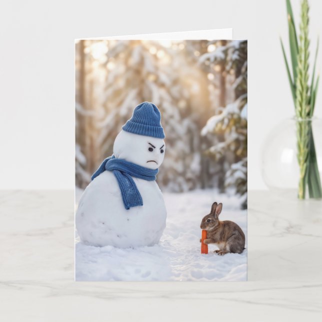 Tarjeta Christmas Snowman Scowling at a Rabbit (Anverso)