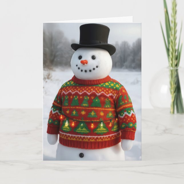 Tarjeta Christmas Snowman Wearing an Ugly Sweater (Anverso)