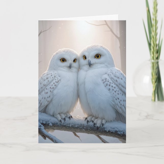 Tarjeta Christmas Snowy Owls On a Winter Branch (Anverso)