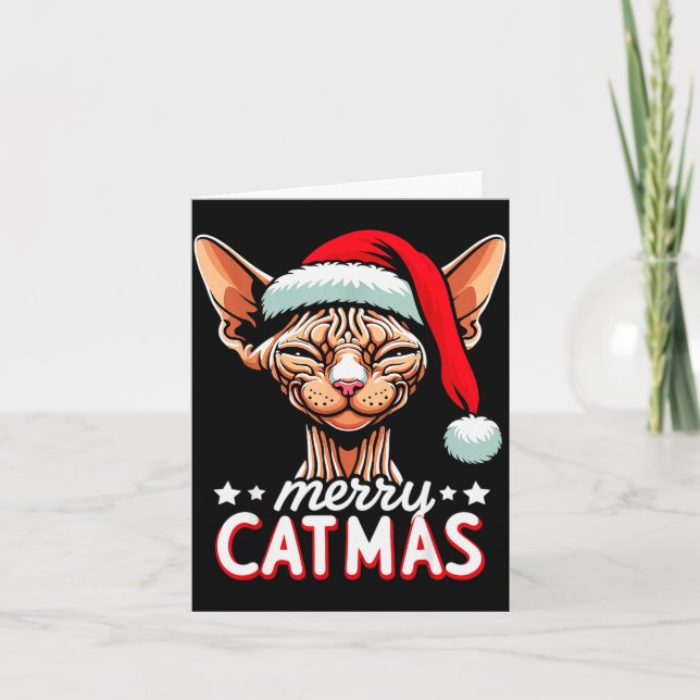 Tarjeta Christmas Sphynx Cat Merry Catmas Santa Hat Xmas  (Anverso)