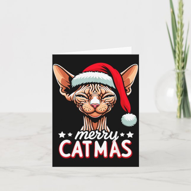 Tarjeta Christmas Sphynx Cat Merry Catmas Santa Hat Xmas  (Anverso)