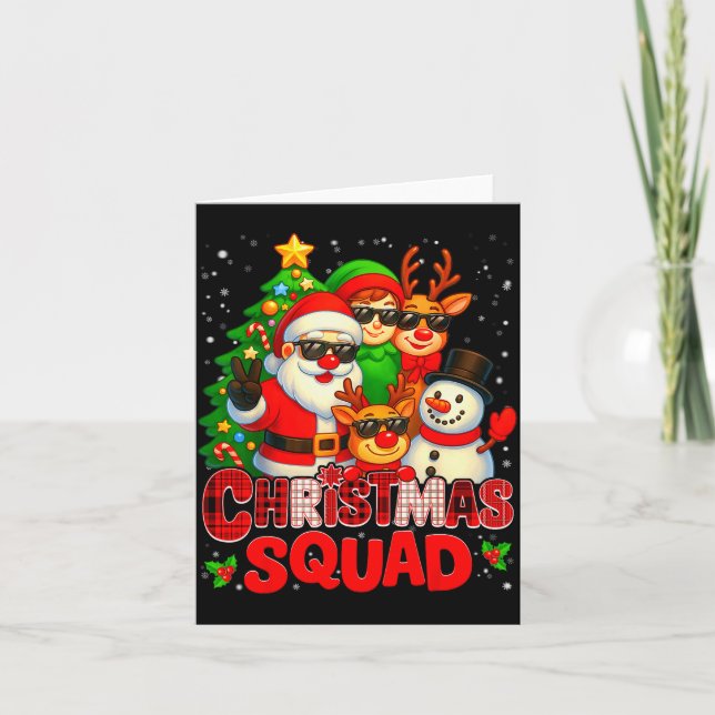 Tarjeta Christmas Squad Plaid Santa Snowman Elf Rudolph Xm (Anverso)