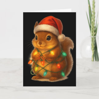 Tarjeta Christmas Squirrel Santa Hat Wrapped In Lights Fun