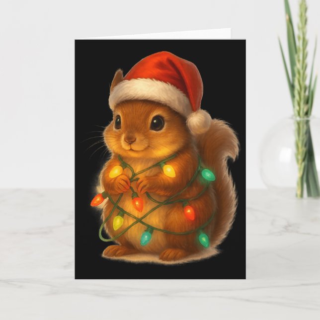 Tarjeta Christmas Squirrel Santa Hat Wrapped In Lights Fun (Anverso)