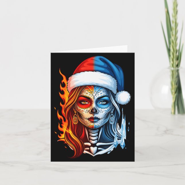 Tarjeta Christmas Sugar Skull Art Woman Santa Hat Fantasy  (Anverso)