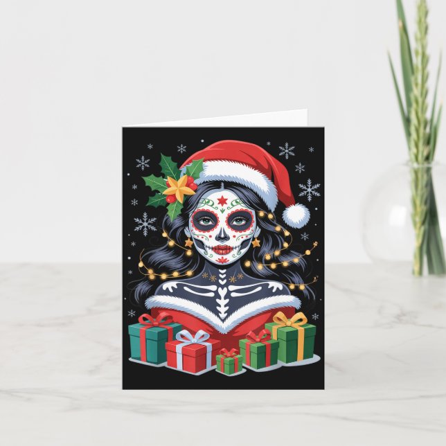Tarjeta Christmas Sugar Skull Art Woman Santa Hat Festive  (Anverso)