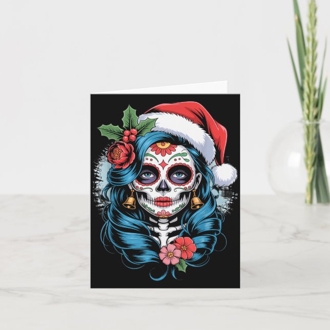 Tarjeta Christmas Sugar Skull Art Woman Santa Hat Festive  (Anverso)
