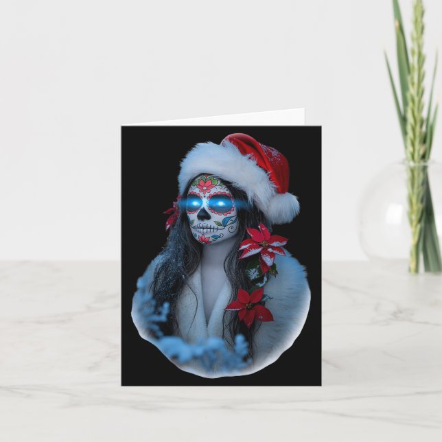 Tarjeta Christmas Sugar Skull Art Woman Santa Hat Festive  (Anverso)