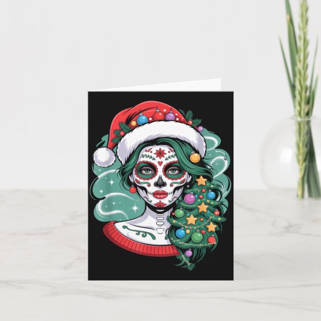 Tarjeta Christmas Sugar Skull Art Woman Santa Hat Festive  (Anverso)