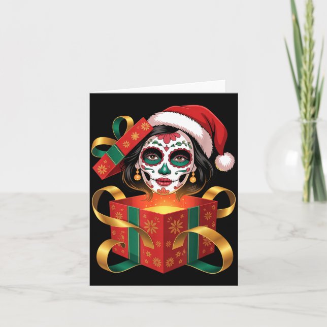Tarjeta Christmas Sugar Skull Art Woman Santa Hat Festive  (Anverso)