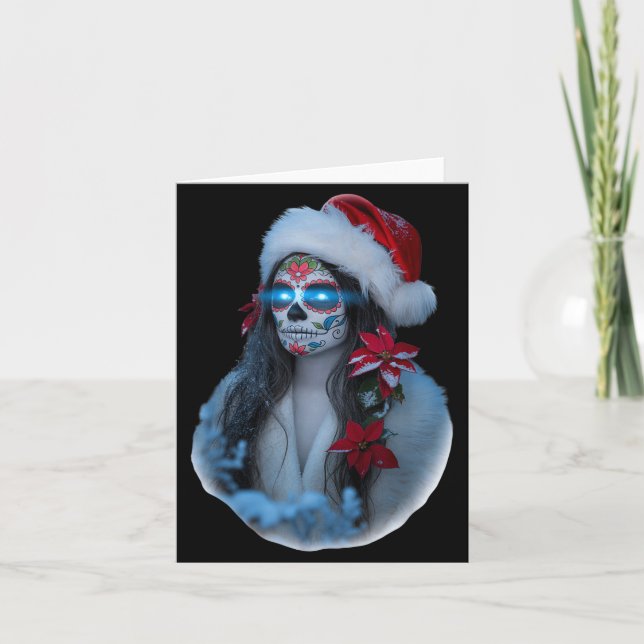 Tarjeta Christmas Sugar Skull Art Woman Santa Hat Festive  (Anverso)