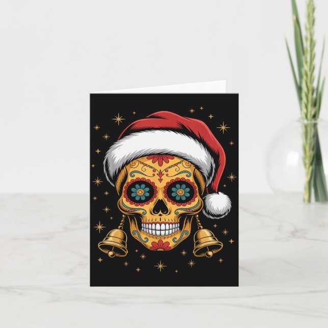 Tarjeta Christmas Sugar Skull Art Woman Santa Hat Festive  (Anverso)