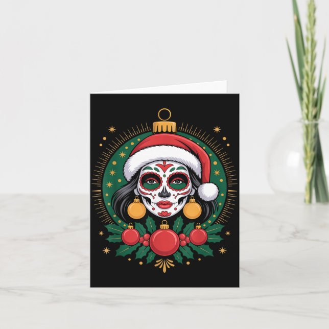 Tarjeta Christmas Sugar Skull Art Woman Santa Hat Festive  (Anverso)