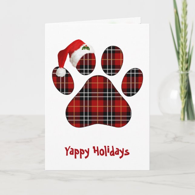Tarjeta Christmas Tartan Plaid Dog Paw Print and Hat (Anverso)