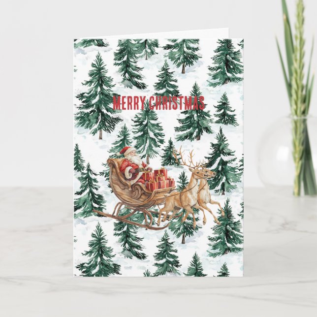 Tarjeta Christmas Trees Santa in Sleigh Reindeer (Anverso)