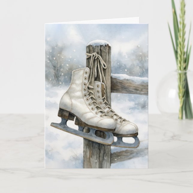 Tarjeta Christmas Vintage Ice Skates On Fence Post (Anverso)