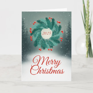 Tarjeta Christmas Wreath with Red Berries and Forest