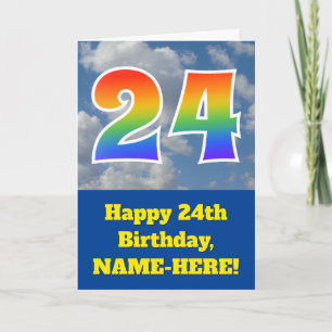 Tarjeta Cielo azul nublado, patrón de arcoíris "24" Cumple