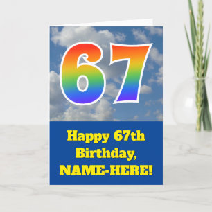 Tarjeta Cielo azul nublado, patrón de arcoíris "67" Cumple