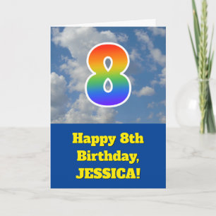 Tarjeta Cielo azul nublado, patrón de arcoíris "8" Cumplea