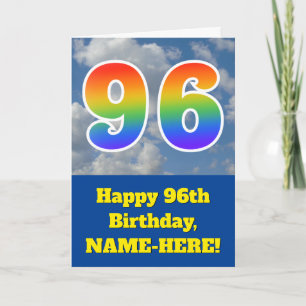 Tarjeta Cielo azul nublado, patrón de arcoíris "96" Cumple