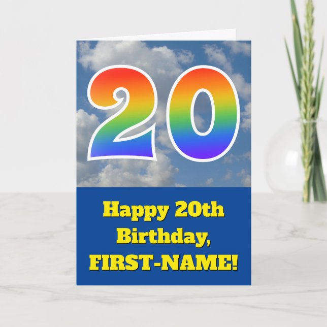 Tarjeta Cielo azul turbio, patrón arcoiris "20" Cumpleaños (Anverso)