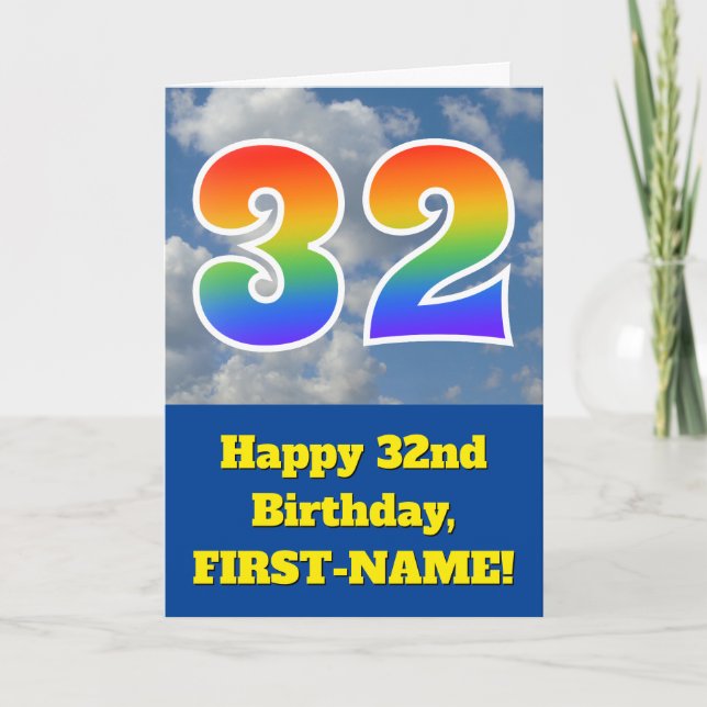 Tarjeta Cielo azul turbio, patrón arcoiris "32" Cumpleaños (Anverso)