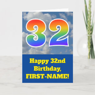 Tarjeta Cielo azul turbio, patrón arcoiris "32" Cumpleaños