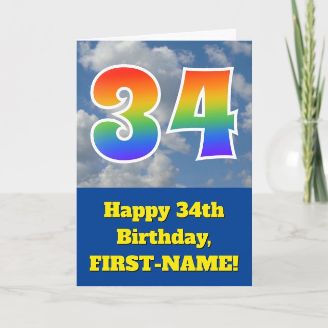 Tarjeta Cielo azul turbio, patrón arcoiris "34" Cumpleaños (Anverso)