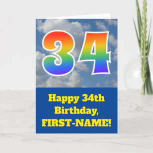 Tarjeta Cielo azul turbio, patrón arcoiris "34" Cumpleaños