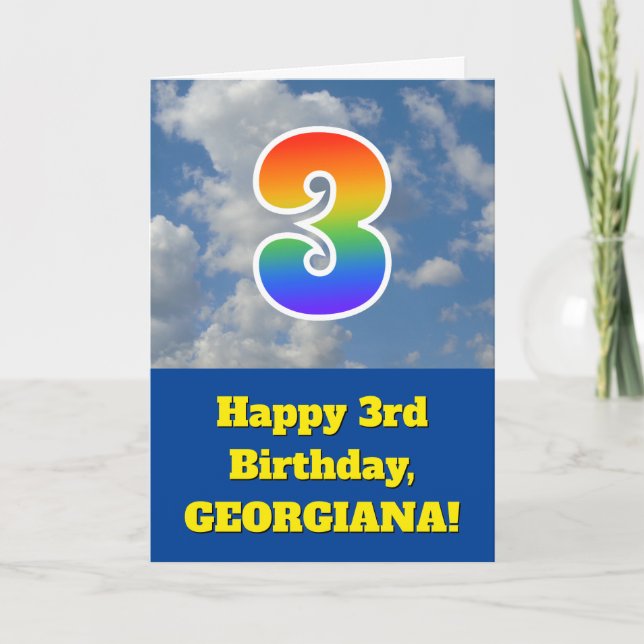 Tarjeta Cielo azul turbio, patrón arcoiris "3" Cumpleaños  (Anverso)