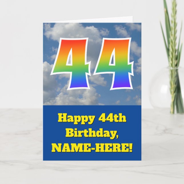 Tarjeta Cielo azul turbio, patrón arcoiris "44" Cumpleaños (Anverso)