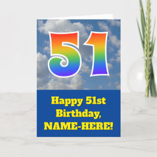 Tarjeta Cielo azul turbio, patrón arcoiris "51" Cumpleaños