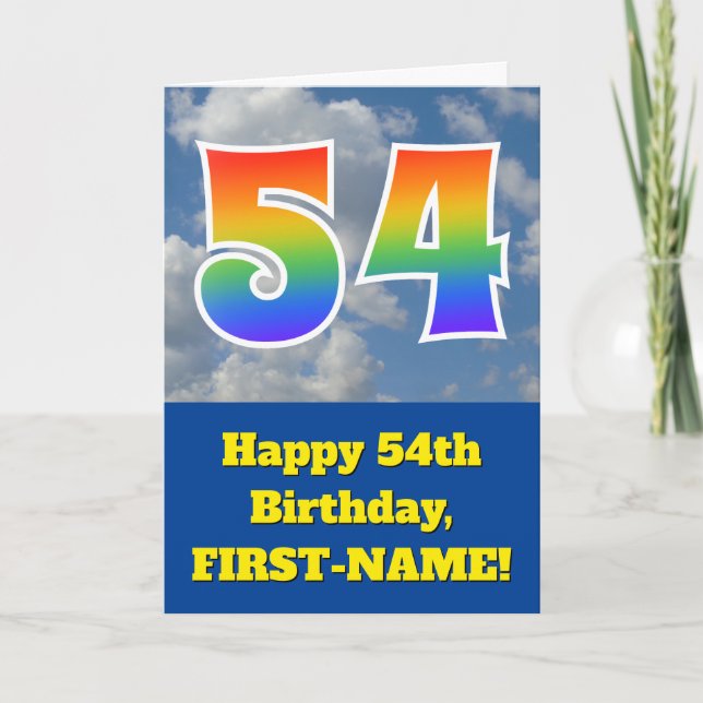 Tarjeta Cielo azul turbio, patrón arcoiris "54" Cumpleaños (Anverso)