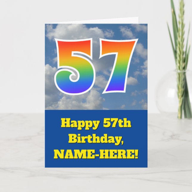 Tarjeta Cielo azul turbio, patrón arcoiris "57" Cumpleaños (Anverso)
