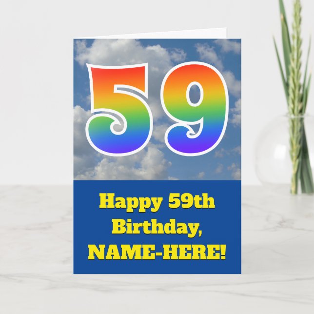 Tarjeta Cielo azul turbio, patrón arcoiris "59" Cumpleaños (Anverso)