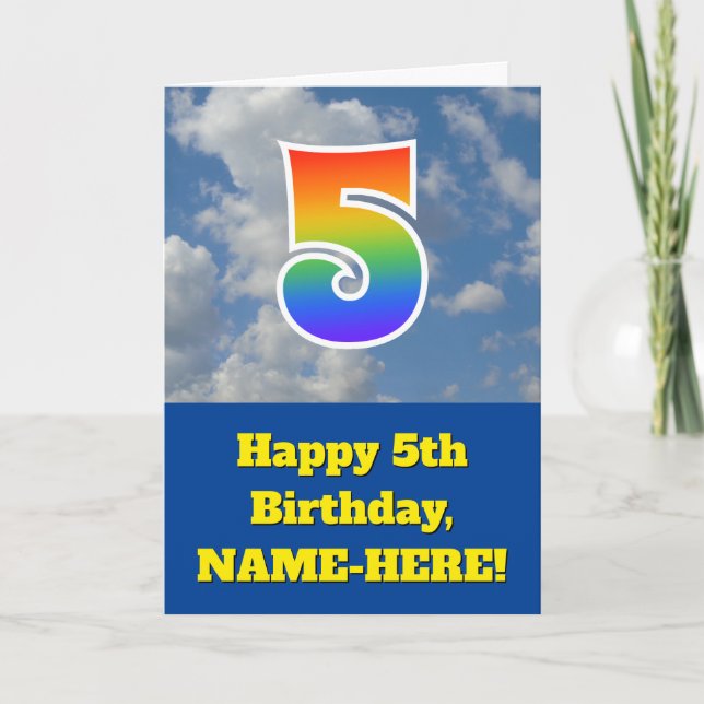 Tarjeta Cielo azul turbio, patrón arcoiris "5" Cumpleaños  (Anverso)