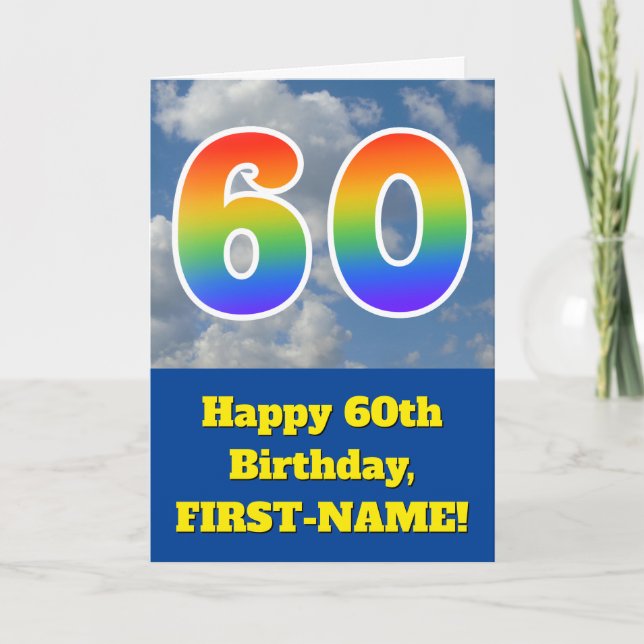 Tarjeta Cielo azul turbio, patrón arcoiris "60" Cumpleaños (Anverso)