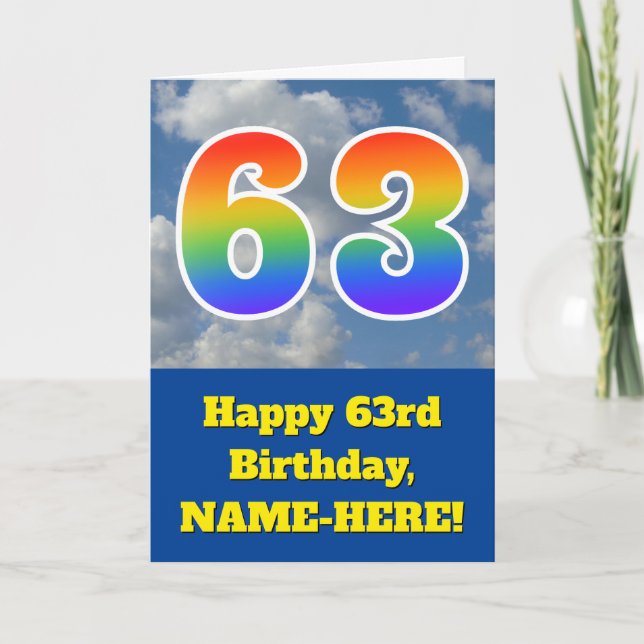 Tarjeta Cielo azul turbio, patrón arcoiris "63" Cumpleaños (Anverso)