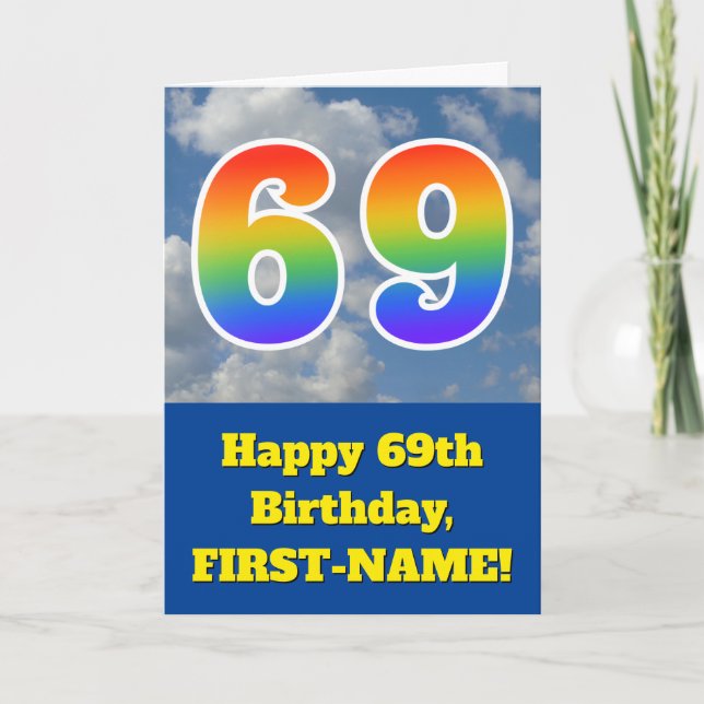 Tarjeta Cielo azul turbio, patrón arcoiris "69" Cumpleaños (Anverso)