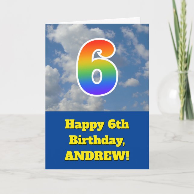 Tarjeta Cielo azul turbio, patrón arcoiris "6" cumpleaños  (Anverso)